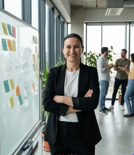 Cristina dos Santos junto a um quadro de trabalho, em contexto de formação